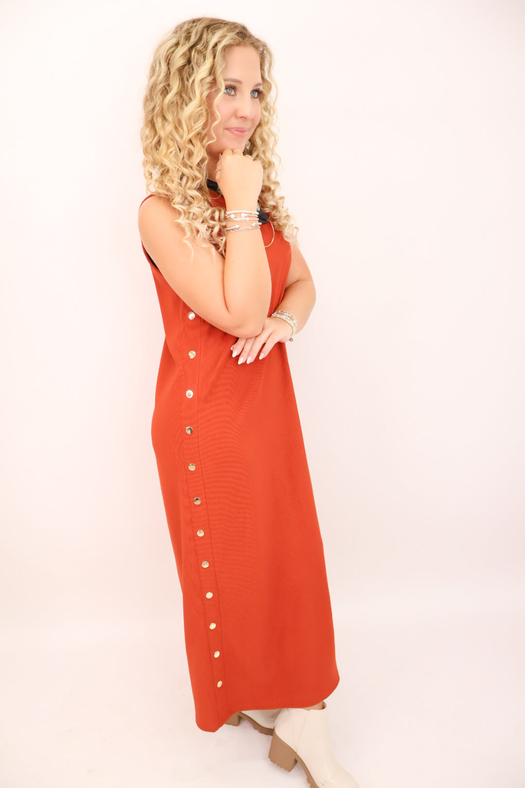 MS Gold Studded Rust Sleeveless Midi Dress
