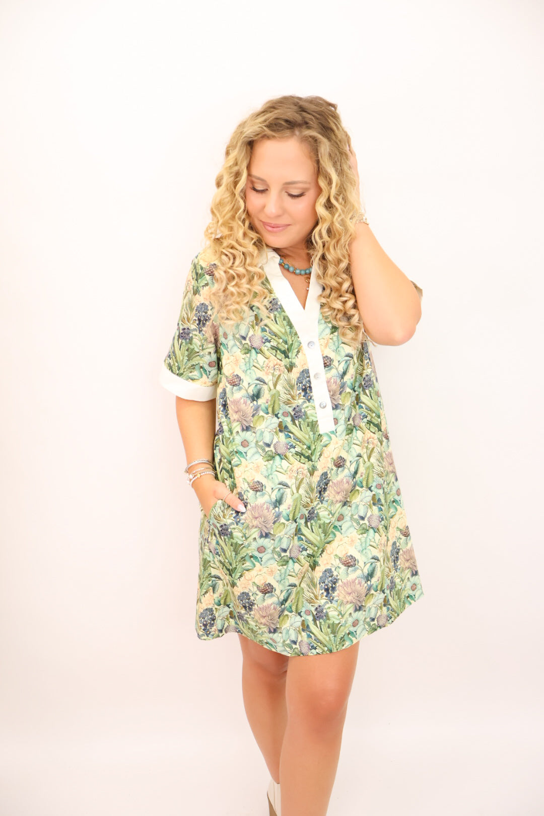 MS Olive Foliage Printed Shirt Dress