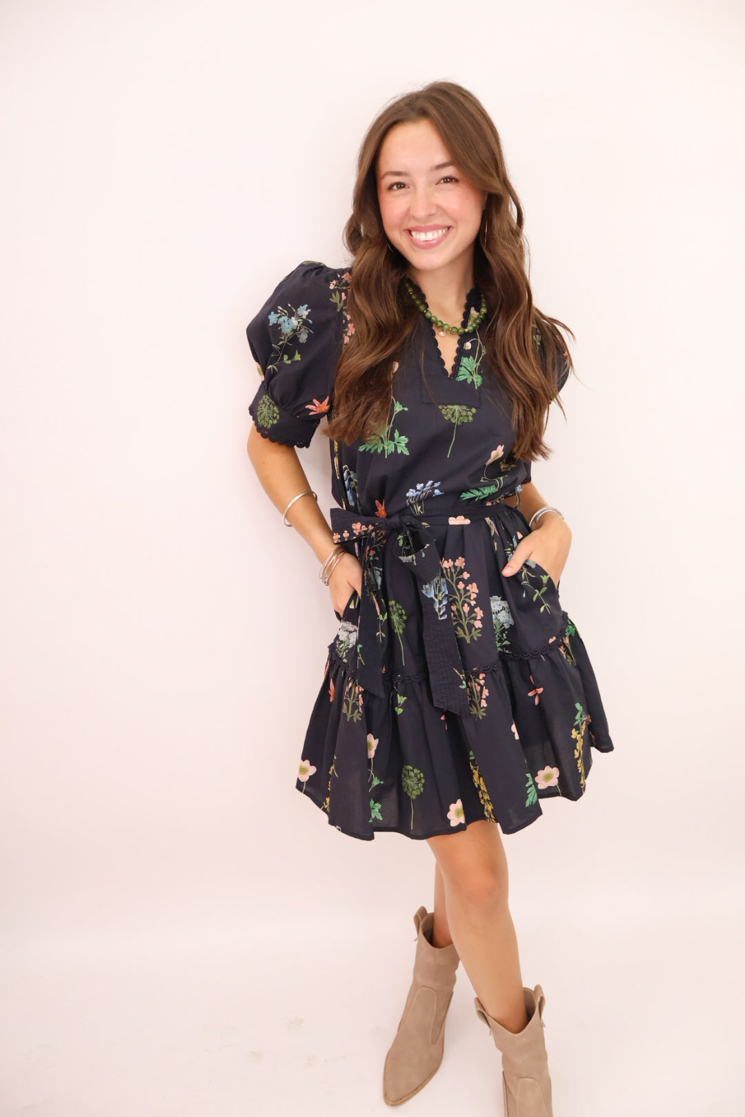 MS Black Floral Belted Dress