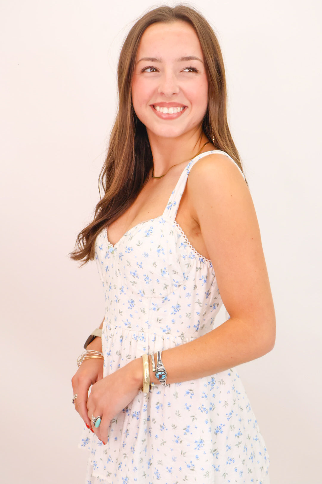 MS Vintage Charm Blue Floral Midi Dress