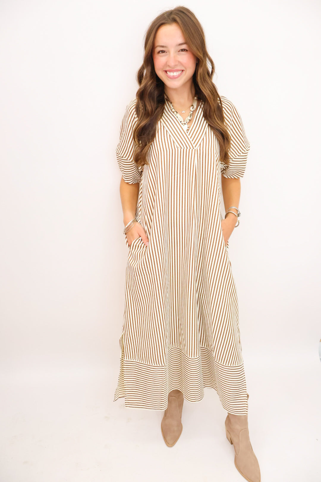 MS Striped Midi Dress - Brown