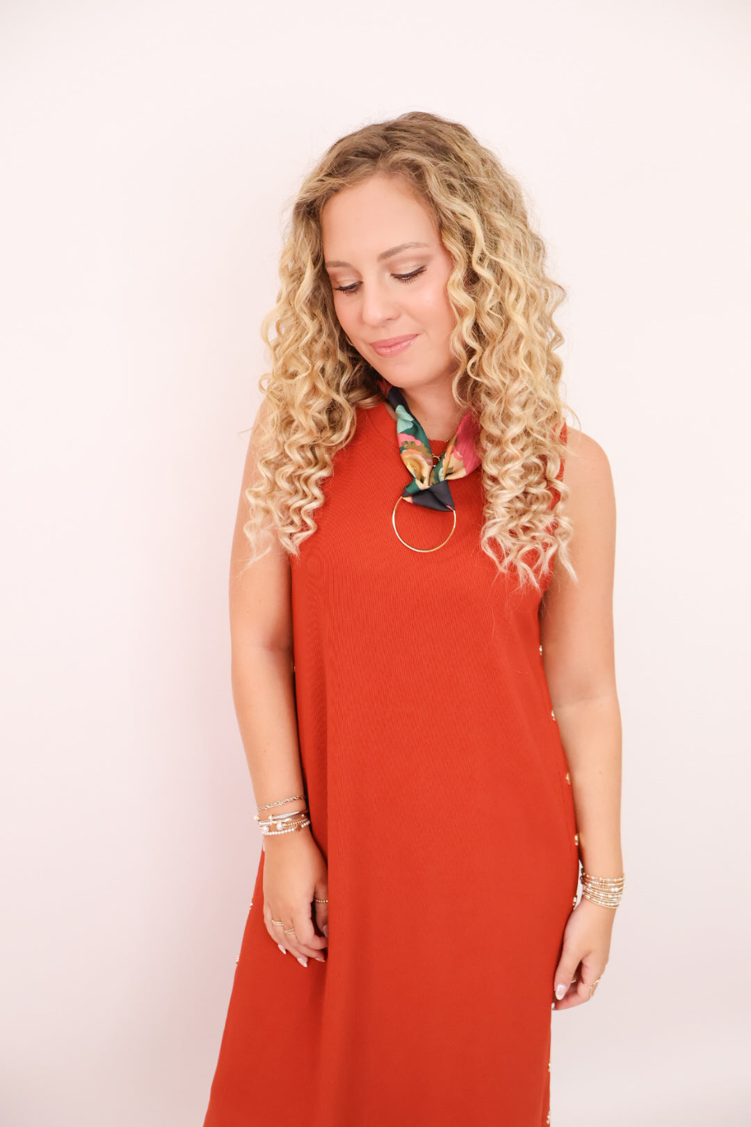 MS Gold Studded Rust Sleeveless Midi Dress