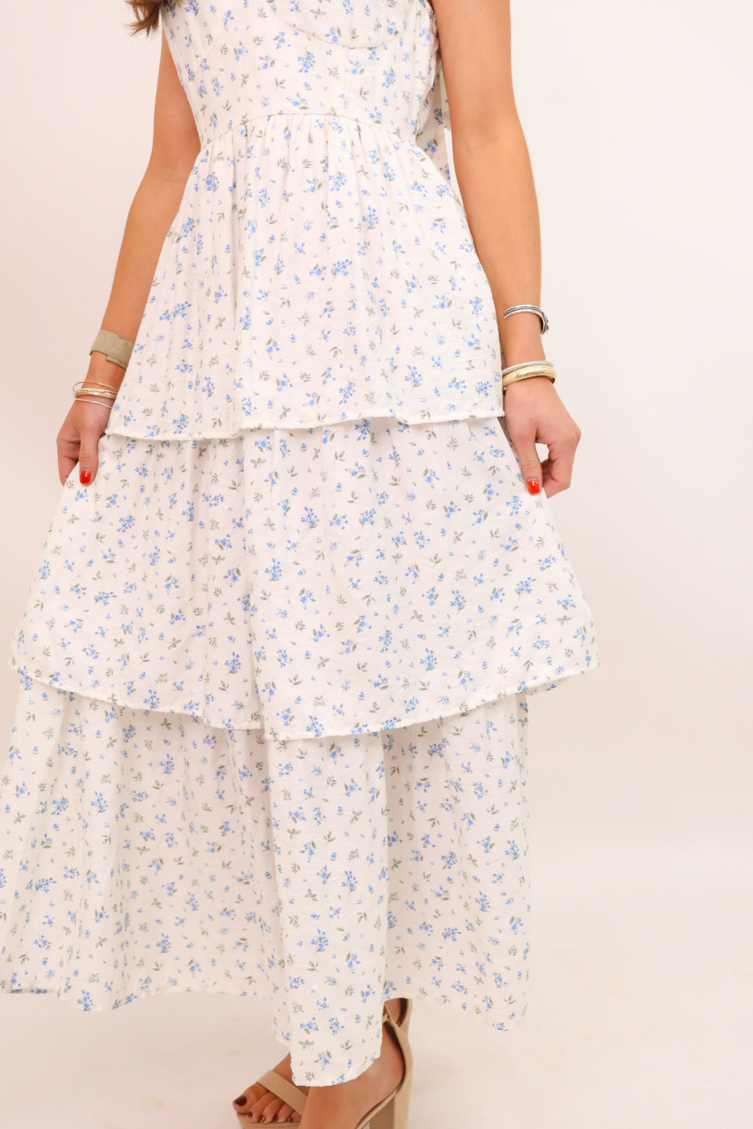 MS Vintage Charm Blue Floral Midi Dress